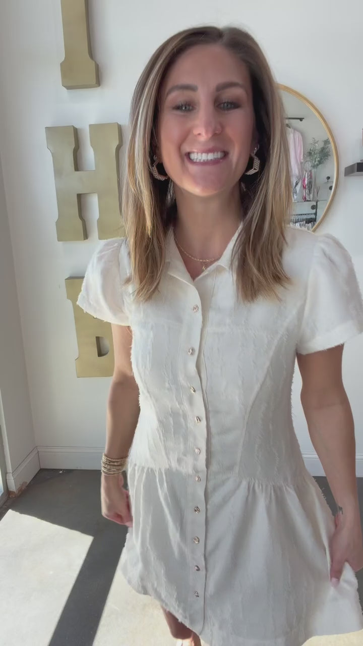 Textured Button Front Dress - Off White