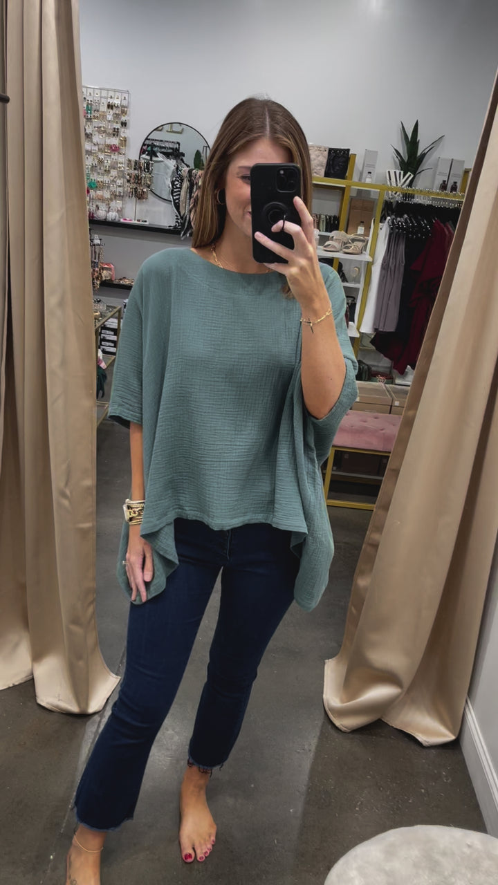 Oversized Gauze Boat Neck Top - Mineral Green