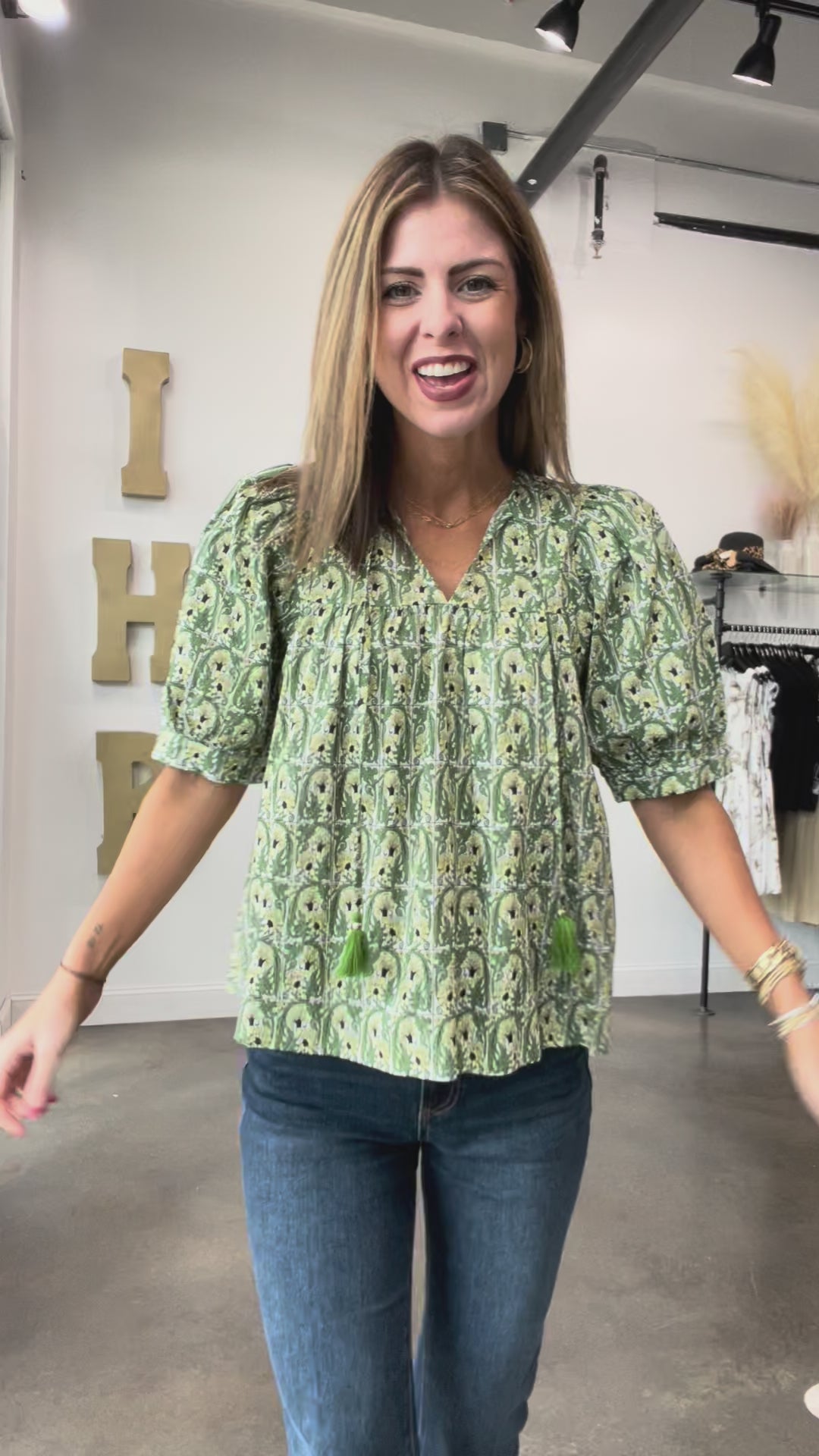 Patterned Half Sleeve Top - Olive