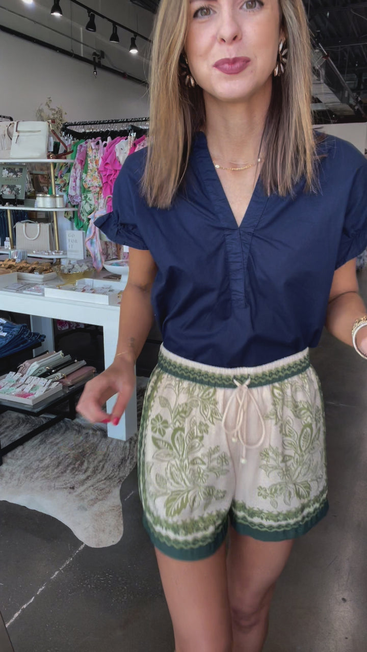 Border Print Shorts - Cream/Olive