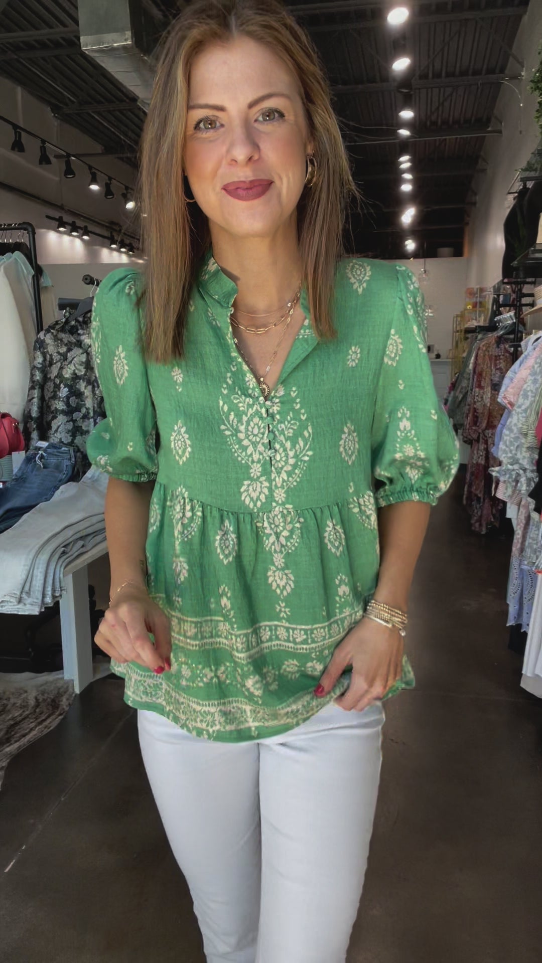 Printed Button Front Top - Green