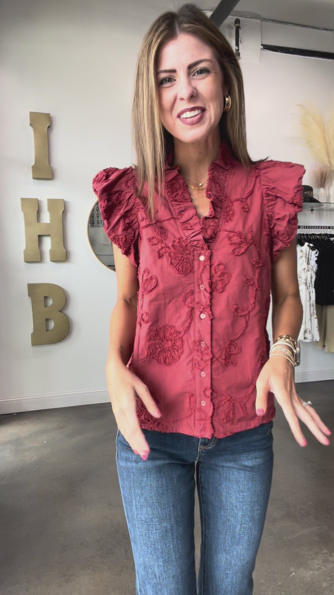 Embroidered V Neck Top - Chestnut