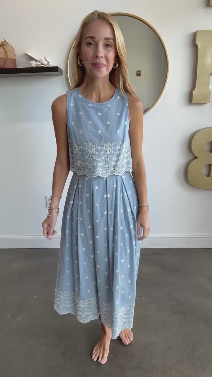 Embroidered Overlay Midi Dress - Light Blue