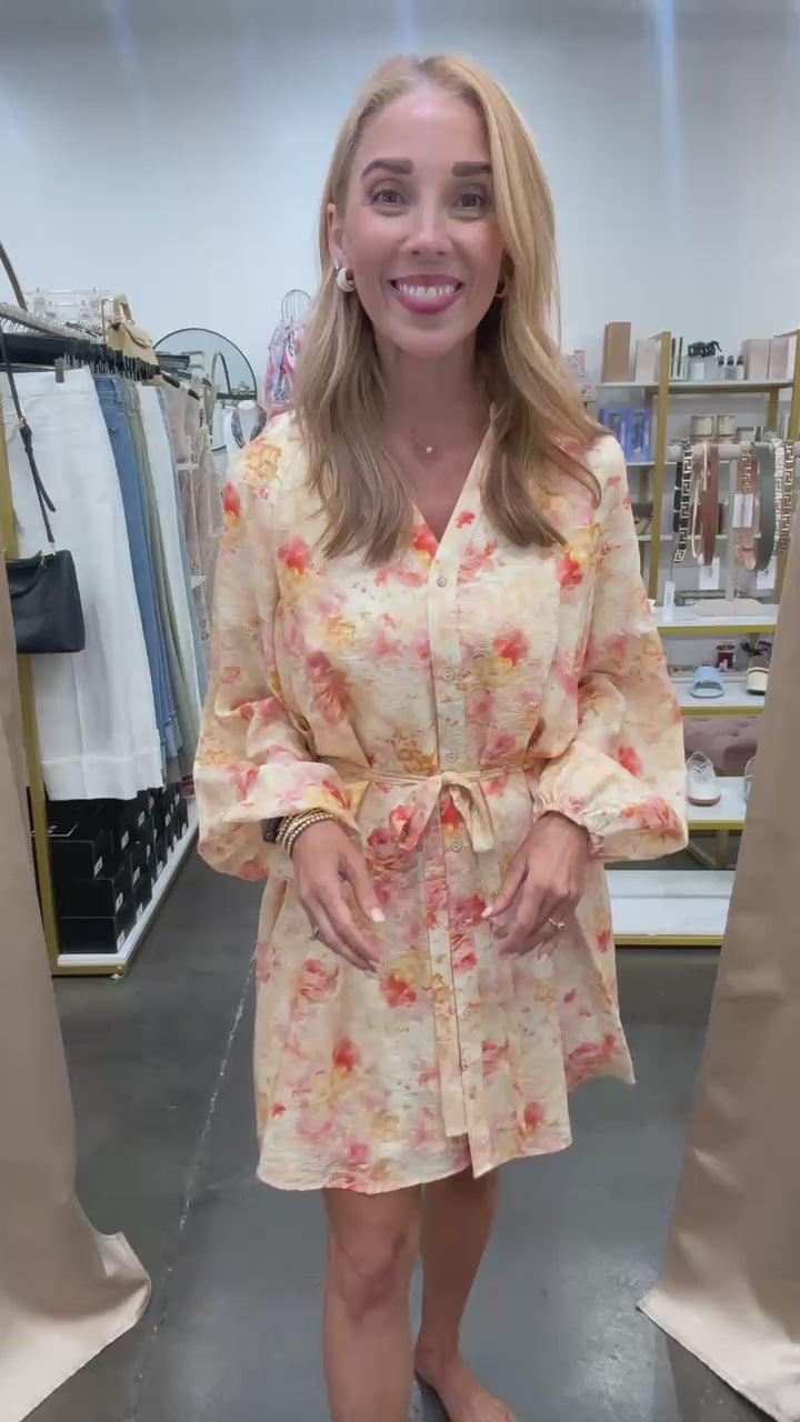 Button Down Tie Waist Dress - Peach