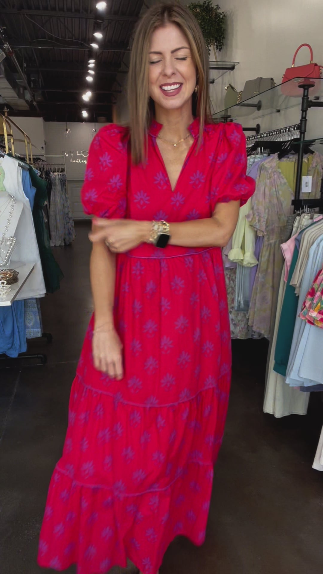 Printed Tiered Maxi Dress - Red