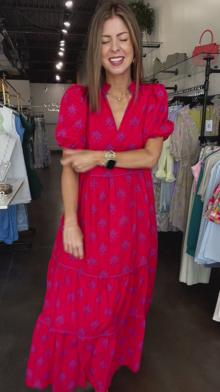 Printed Tiered Maxi Dress - Red