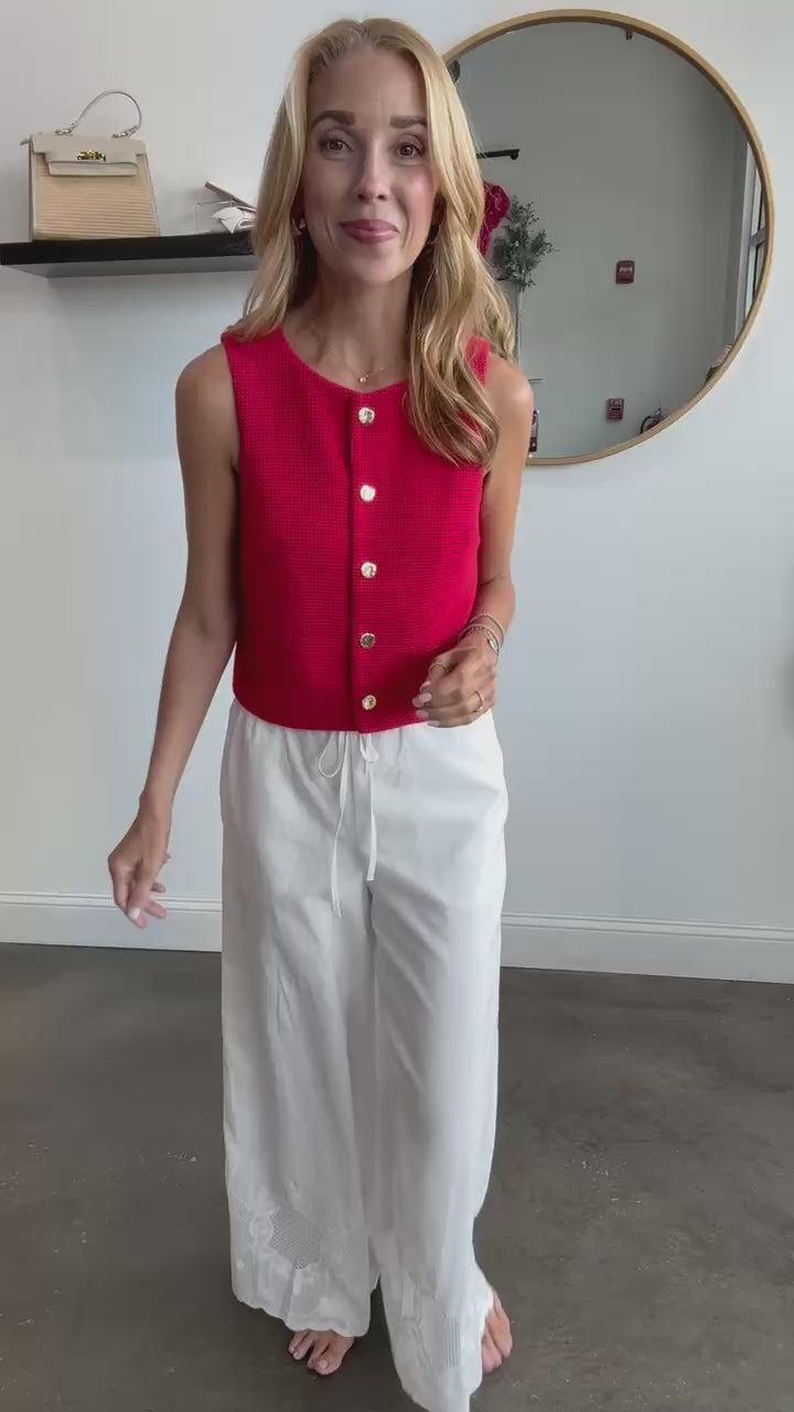 Embroidered Hem Pants - White