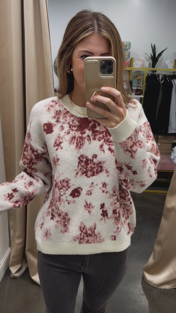 Floral Brushed Sweater - Taupe/Off White