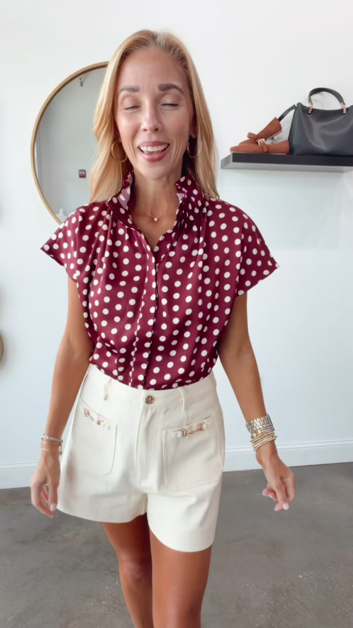 Polka Dot Satin Top - Wine
