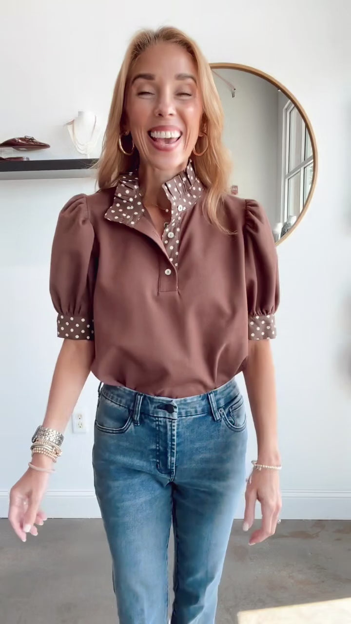 Polka Dot Contrast Top - Brown