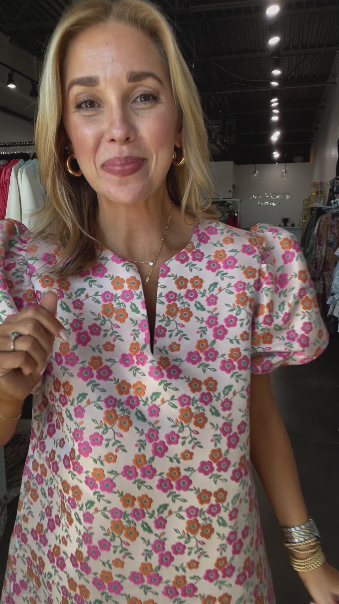 Floral Embroidered Puff Sleeve Dress - Pink