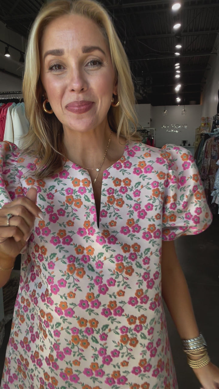 Floral Embroidered Puff Sleeve Dress - Pink