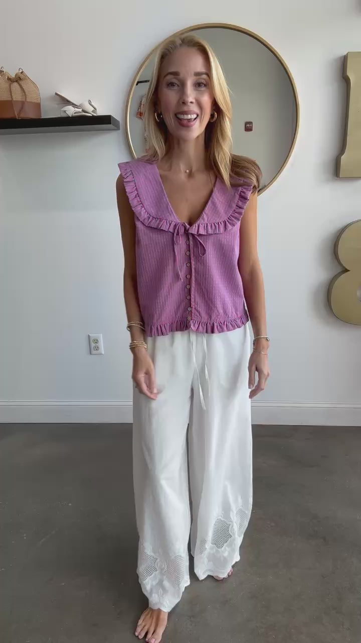 Embroidered Hem Pants - White