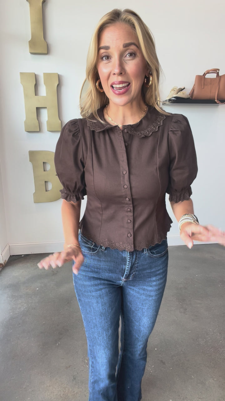 Embroidered Trim Detail Top - Brown