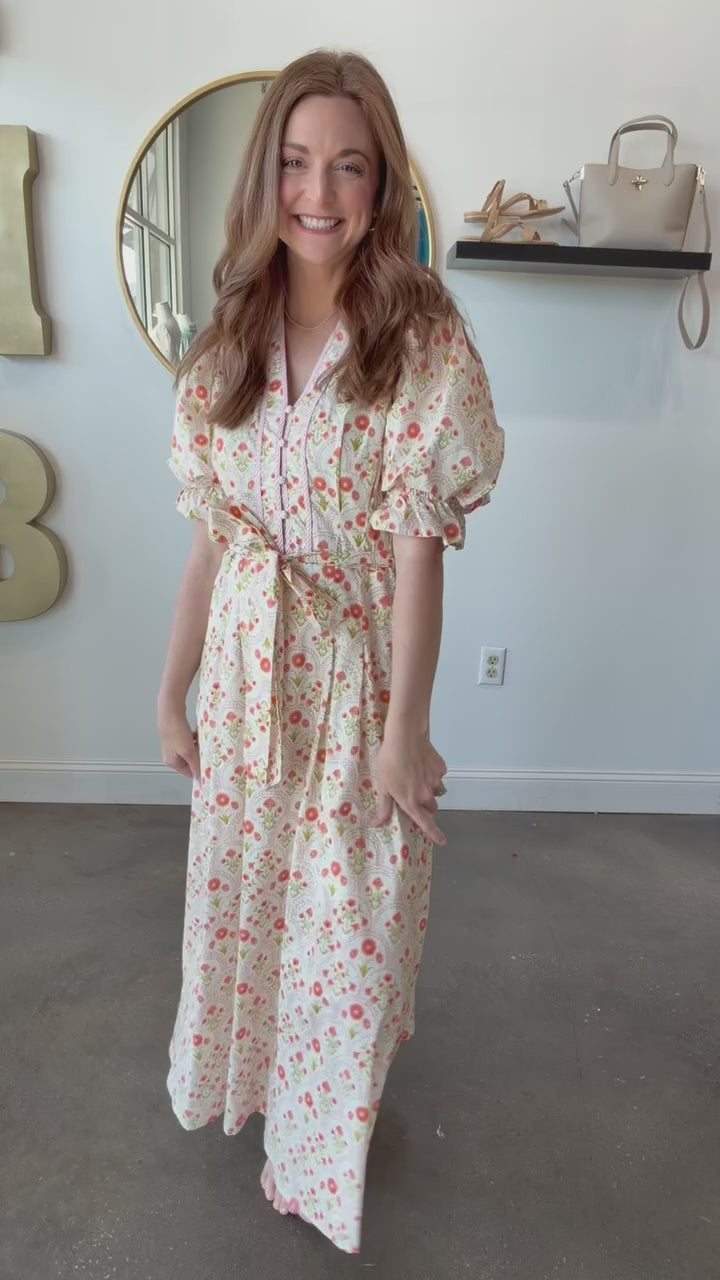 Tie Waist Mini Floral Maxi Dress - Peach