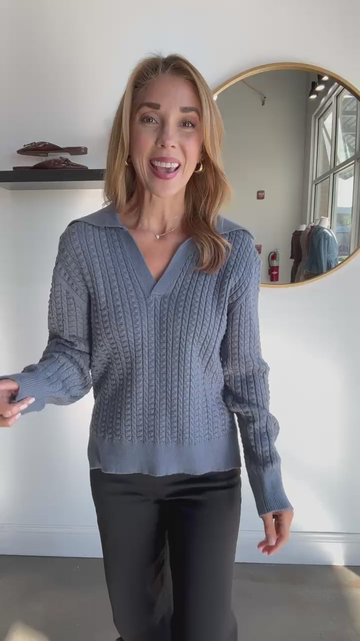 Collared Cable Knit Sweater - Dusty Blue