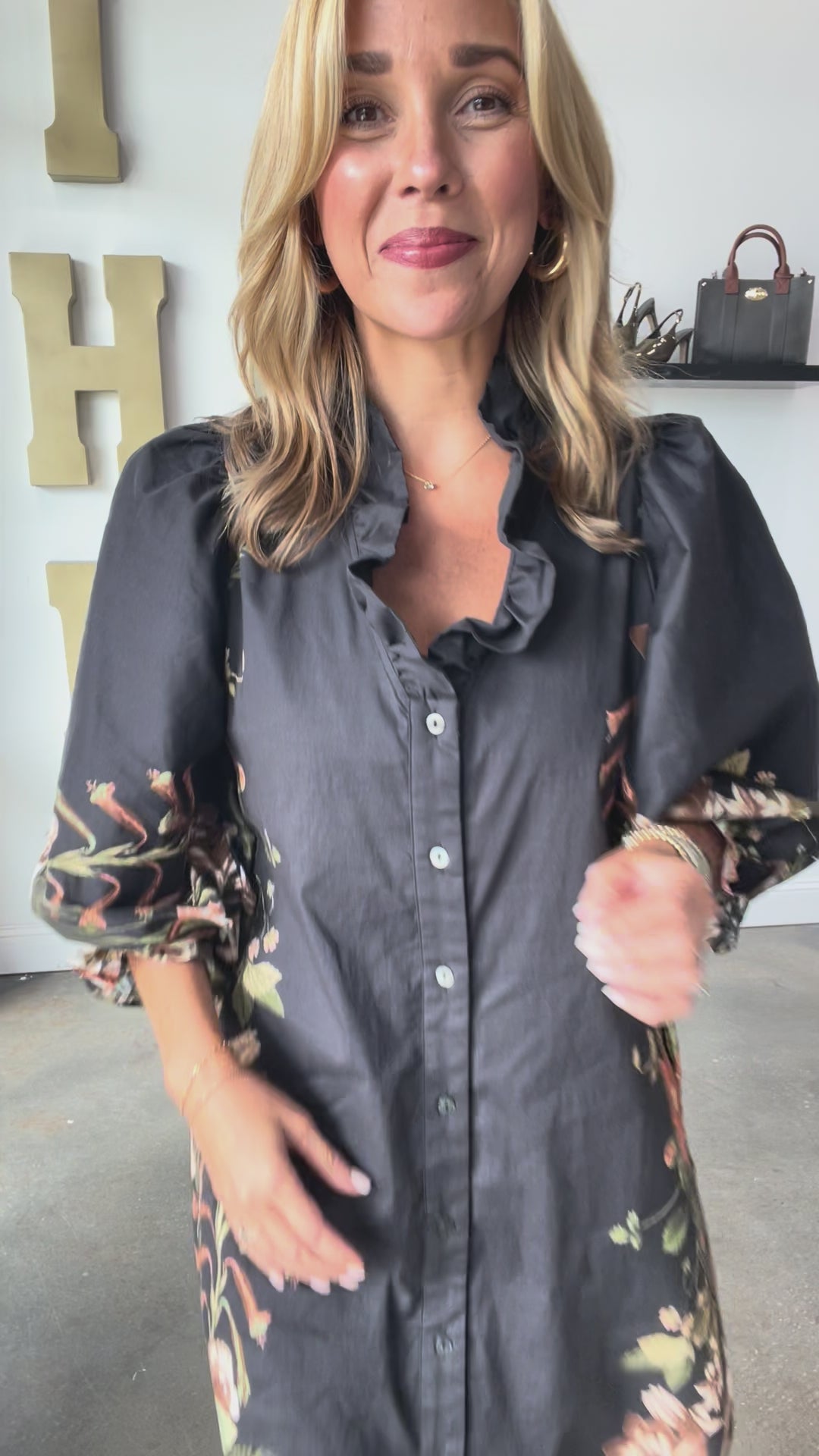 Button Front Floral Side Dress - Black