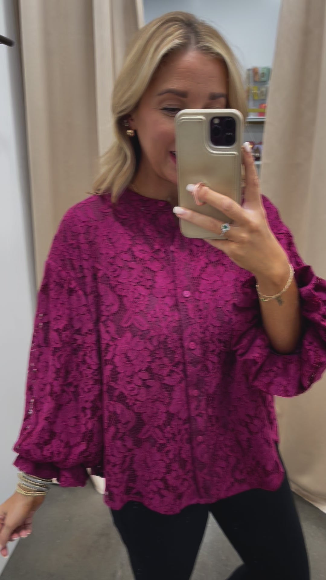 Lace Bubble Sleeve Blouse - Wine