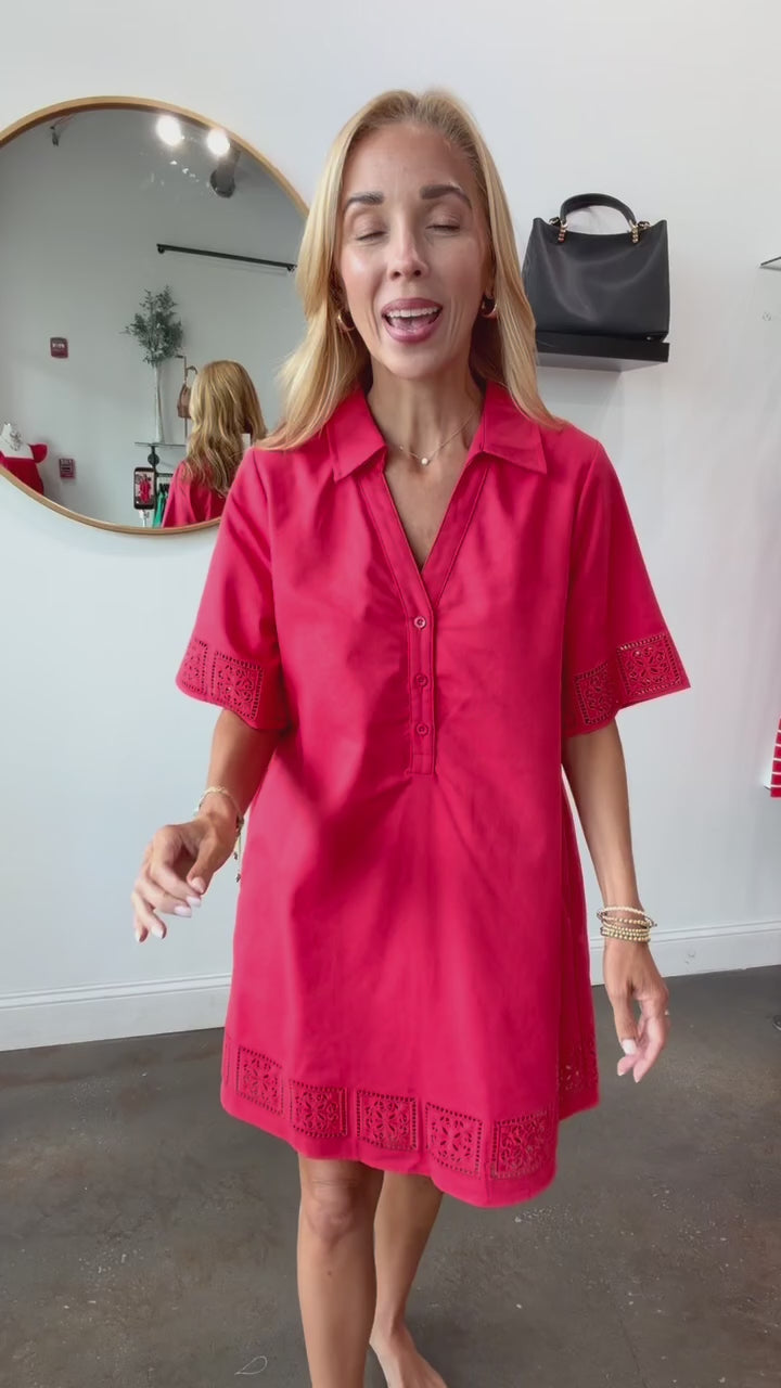 Embroidered Trim Dress - Red
