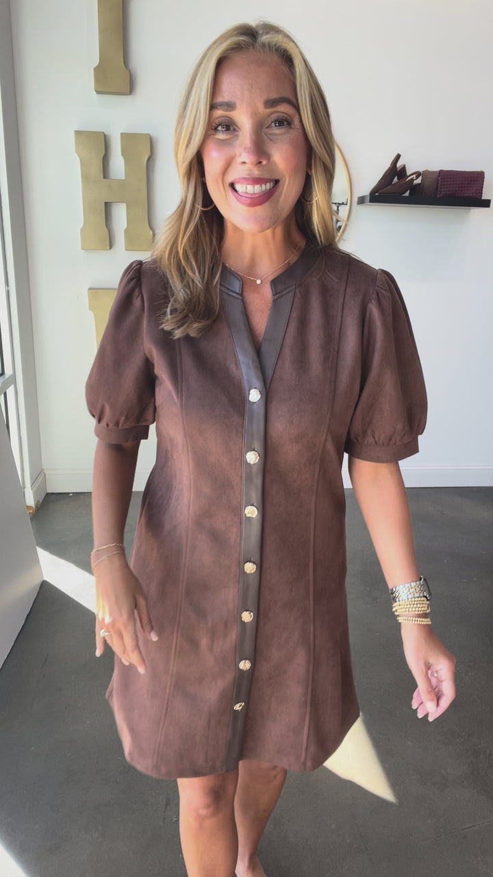 Leather Trim Suede Button Front Dress - Brown