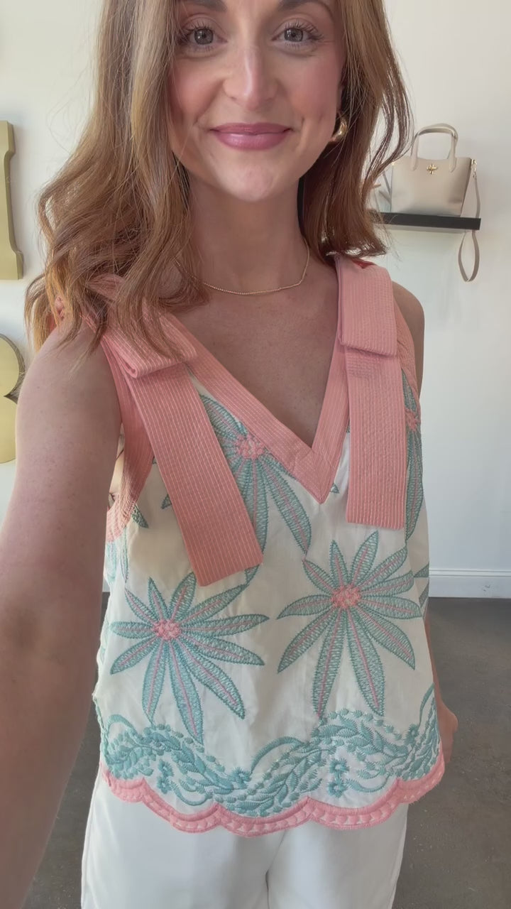 Embroidered Tank Top - Coral/Blue