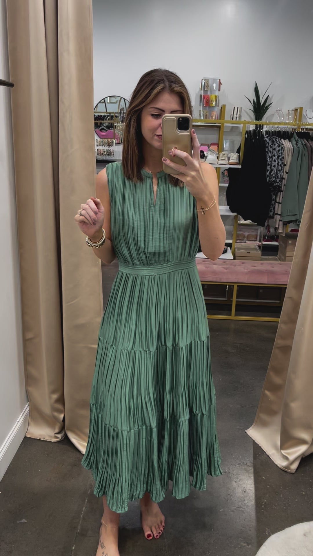 Split Neck Pleated Maxi Dress - Sage