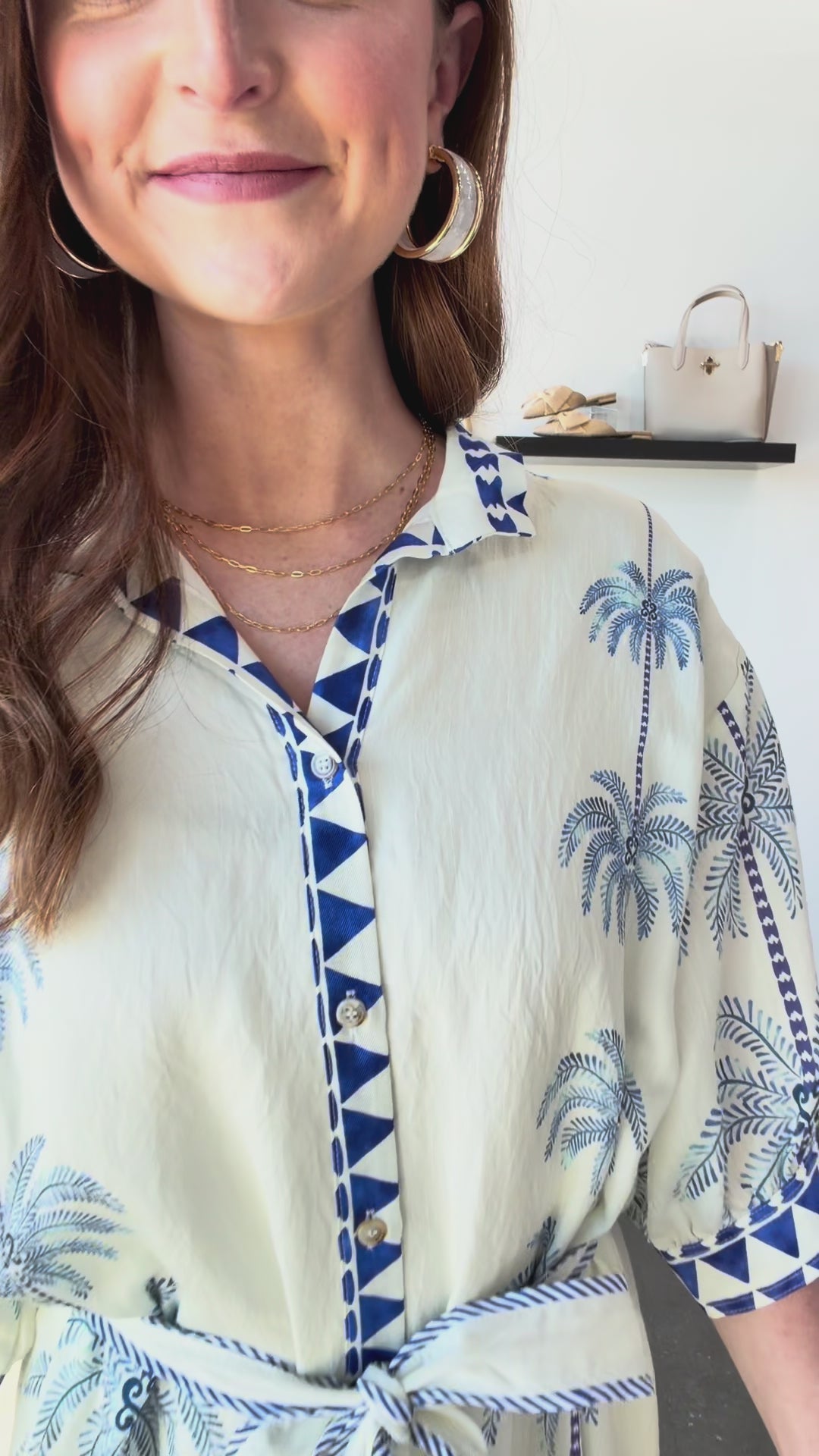 Palm Pattern Tie Waist Dress - Blue