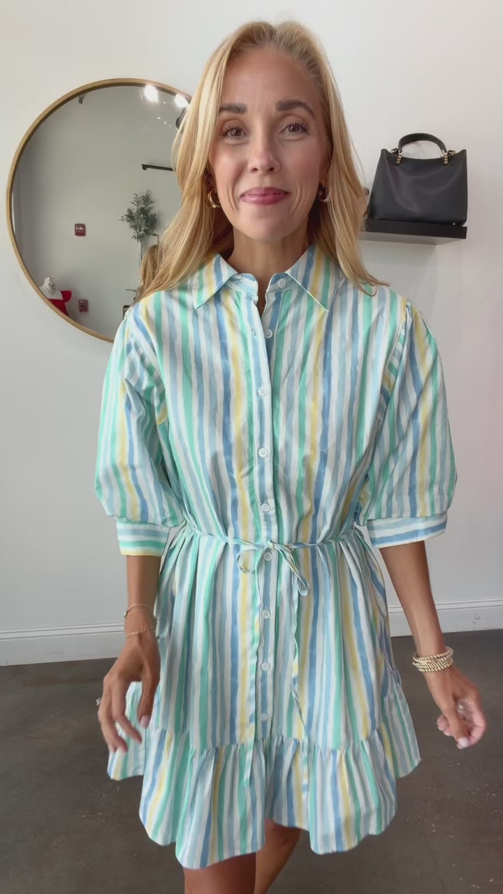 Stripe Tie Waist Dress - Blue