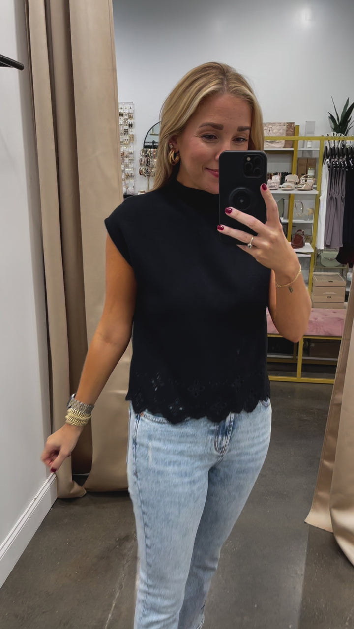 Eyelet Hem Sweater Top - Black