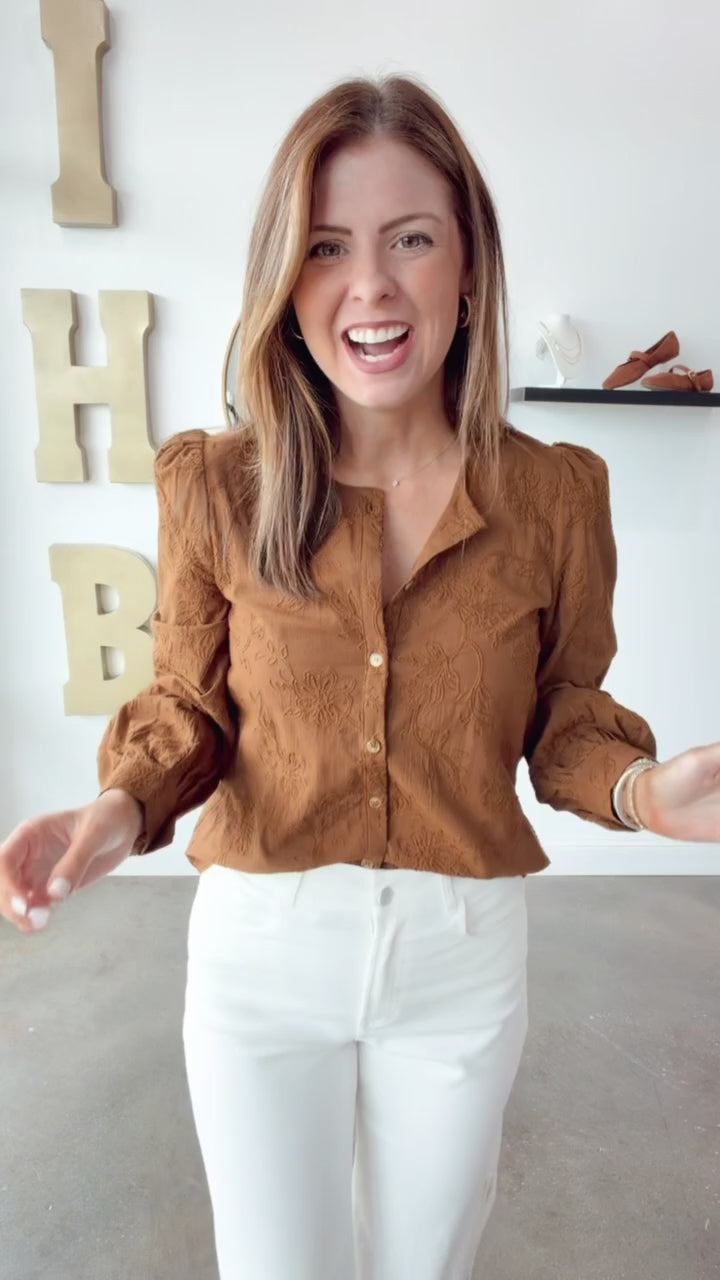 Embroidered Button Front Top - Brown