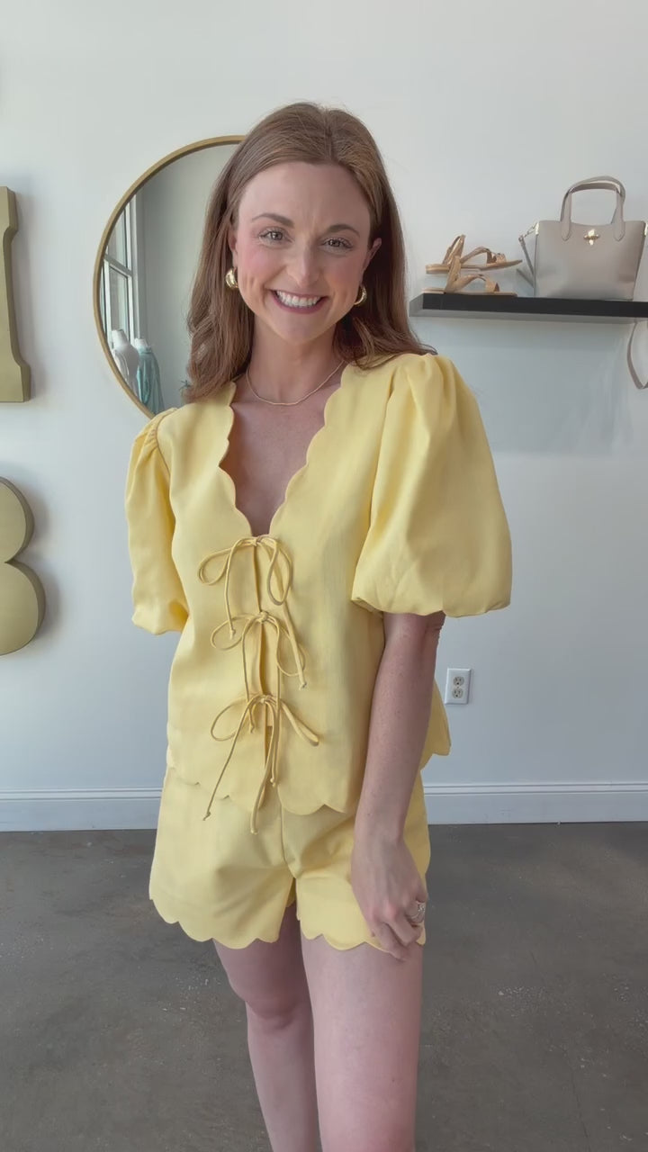 Scallop Hem Front Tie Blouse - Yellow