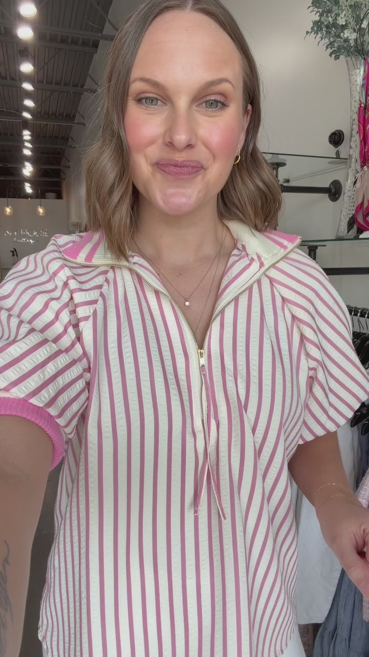 Contrast Trim Striped Top - Pink