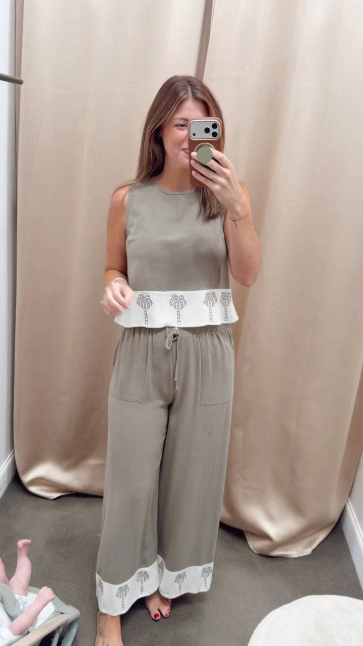 Embroidered Contrast Hem Tank - Olive