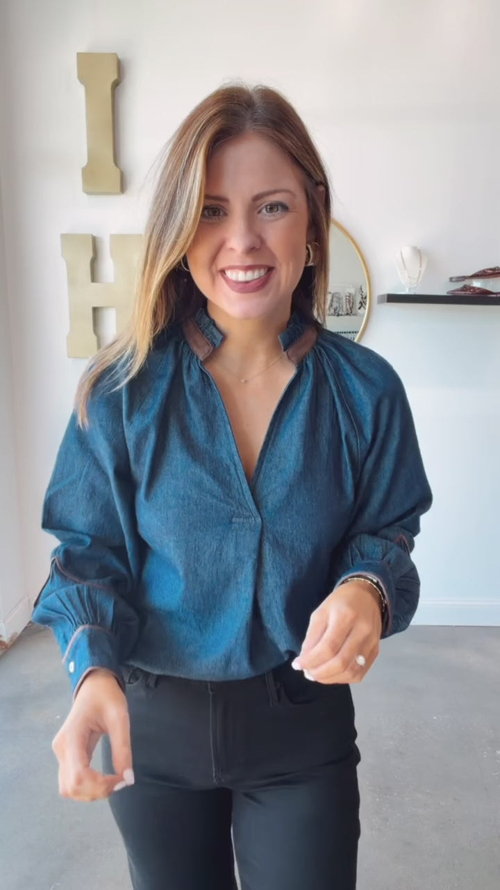 Suede Trim Denim Top