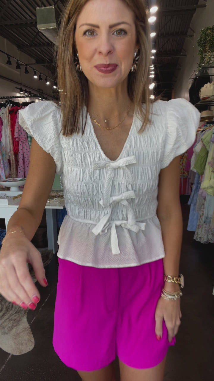 Bow Front Smocked Top - White