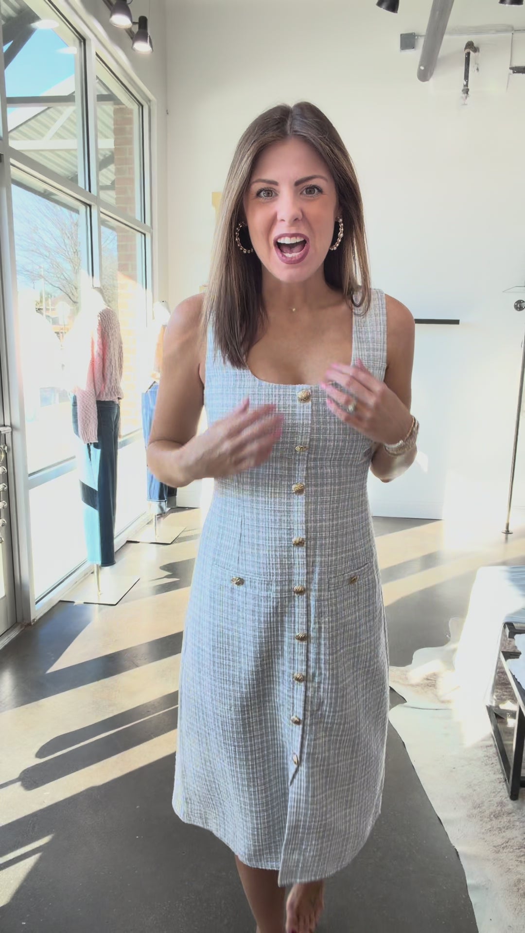 Tweed Button Down Dress - Blue