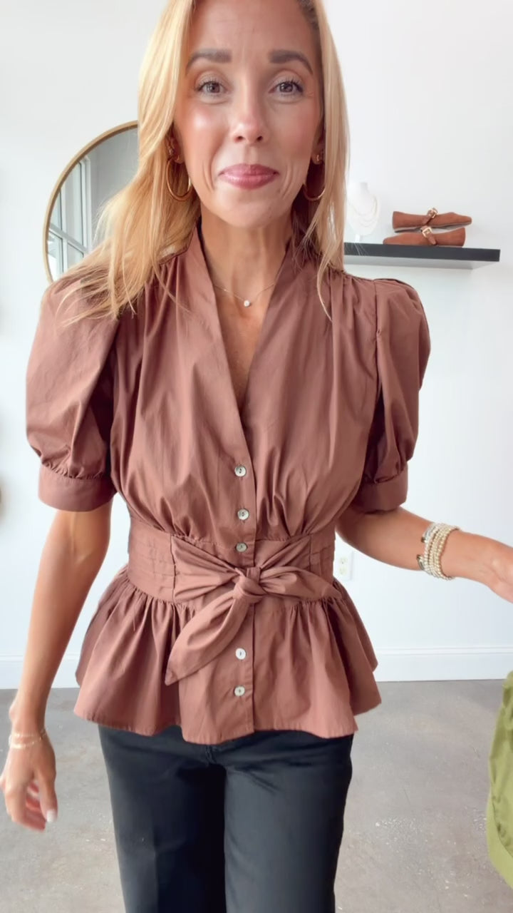 Tie Waist Peplum Top - Brown