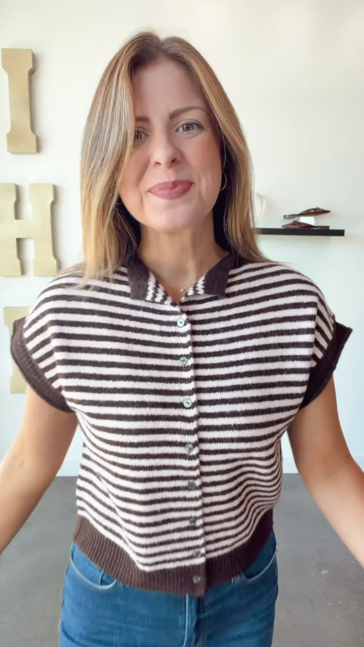 Button Front Striped Sweater - Brown/Pink