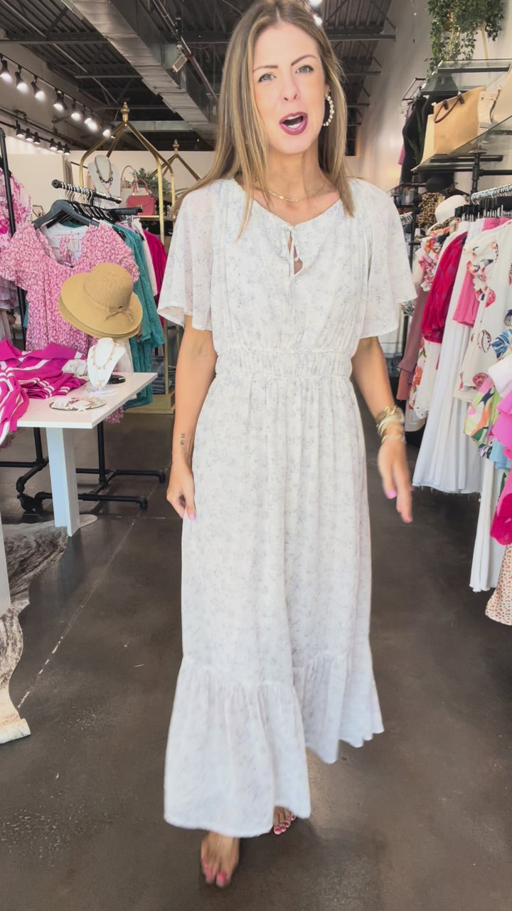Floral Flutter Sleeve Midi Dress - Blue/Cream