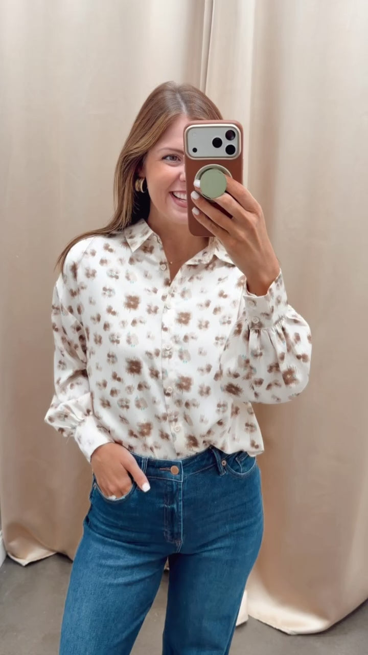 Abstract Print Satin Button Down - Cream