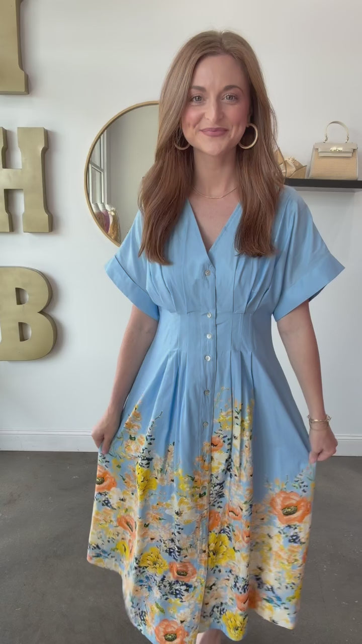 Floral Trim Button Front Dress - Blue