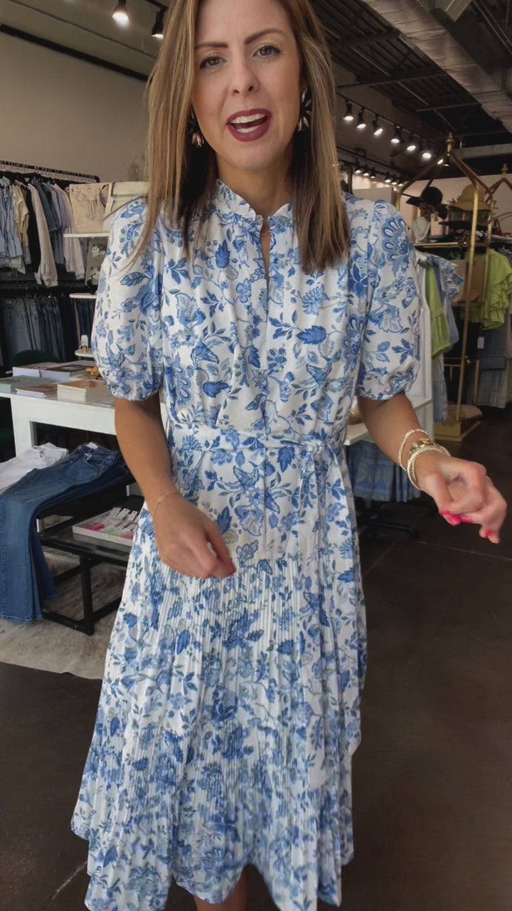 Tie Waist Printed Midi Dress - Blue