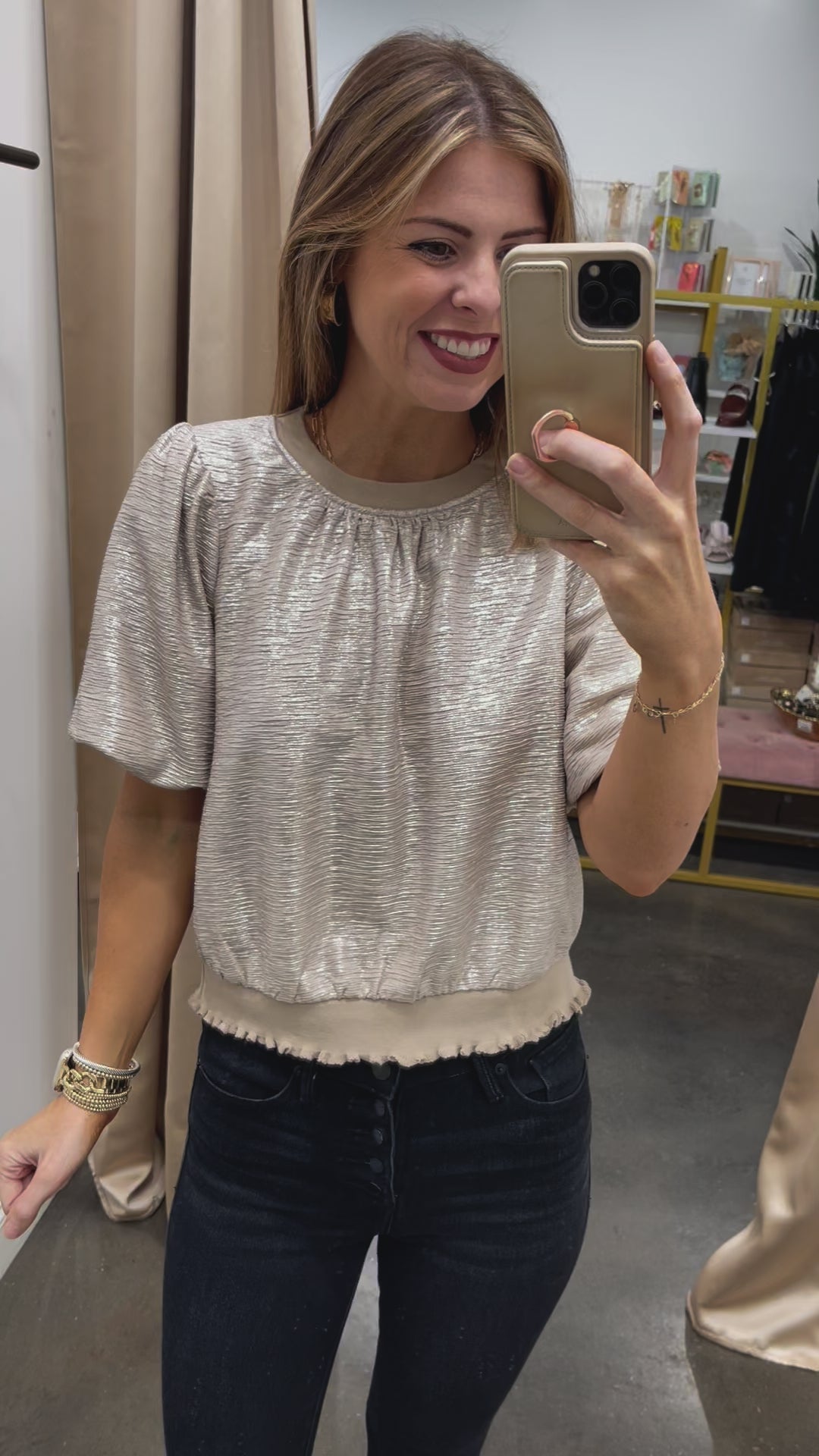 Ruffle Trim Metallic Top - Taupe