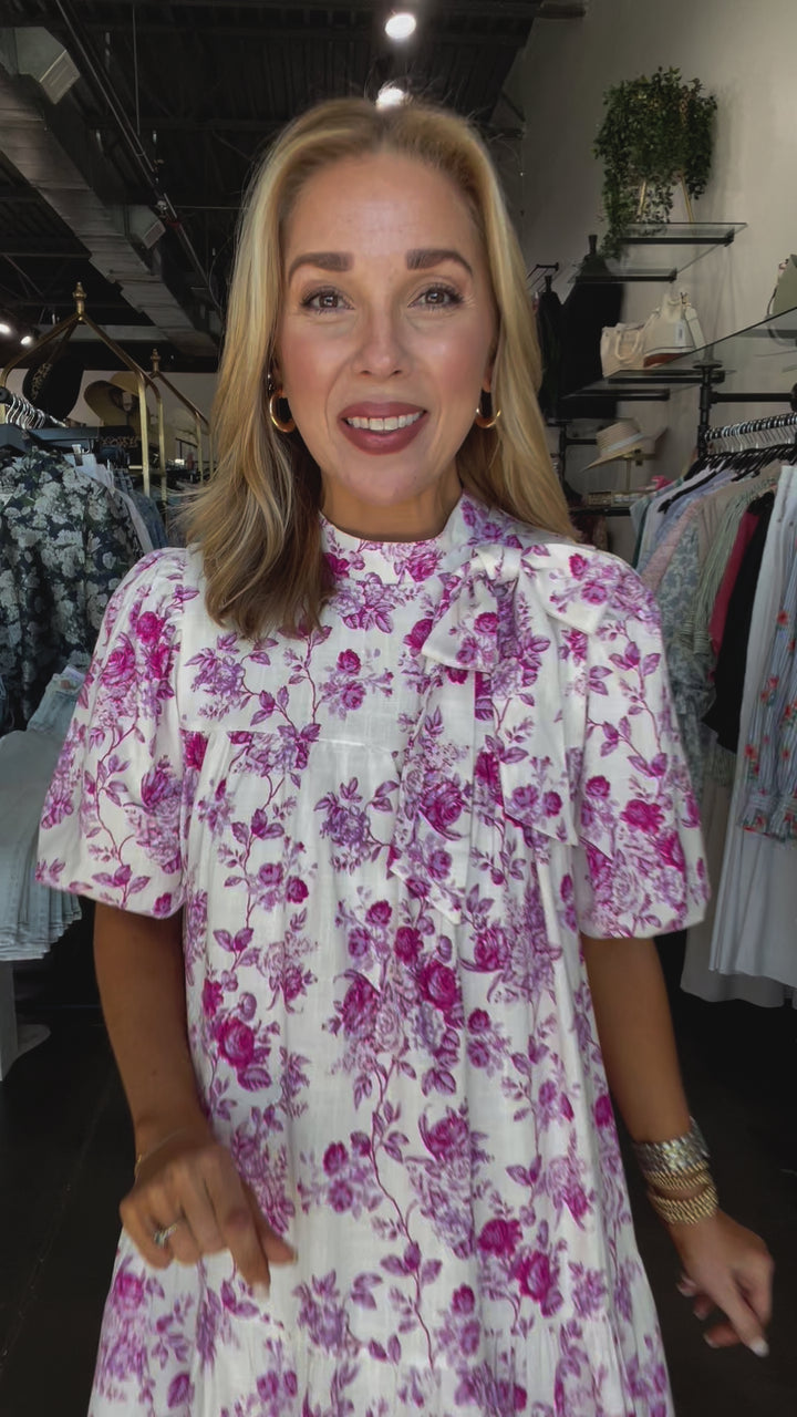 Tie Neck Floral Dress - Pink