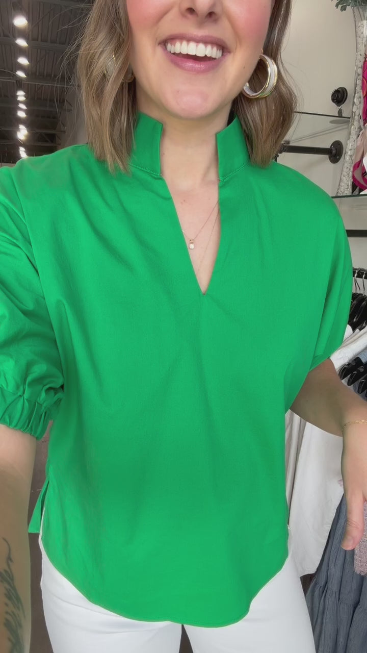 V Neck Relaxed Poplin Top - Green