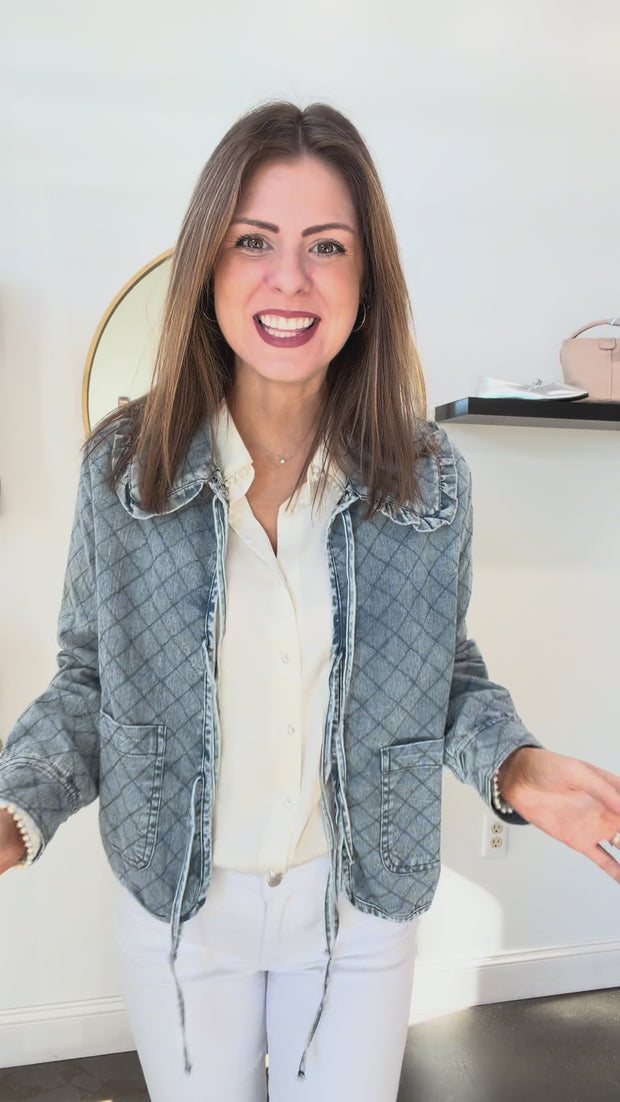 Quilted Denim Tie Front Jacket with Ruffle Collar | Shop Now – Ivy