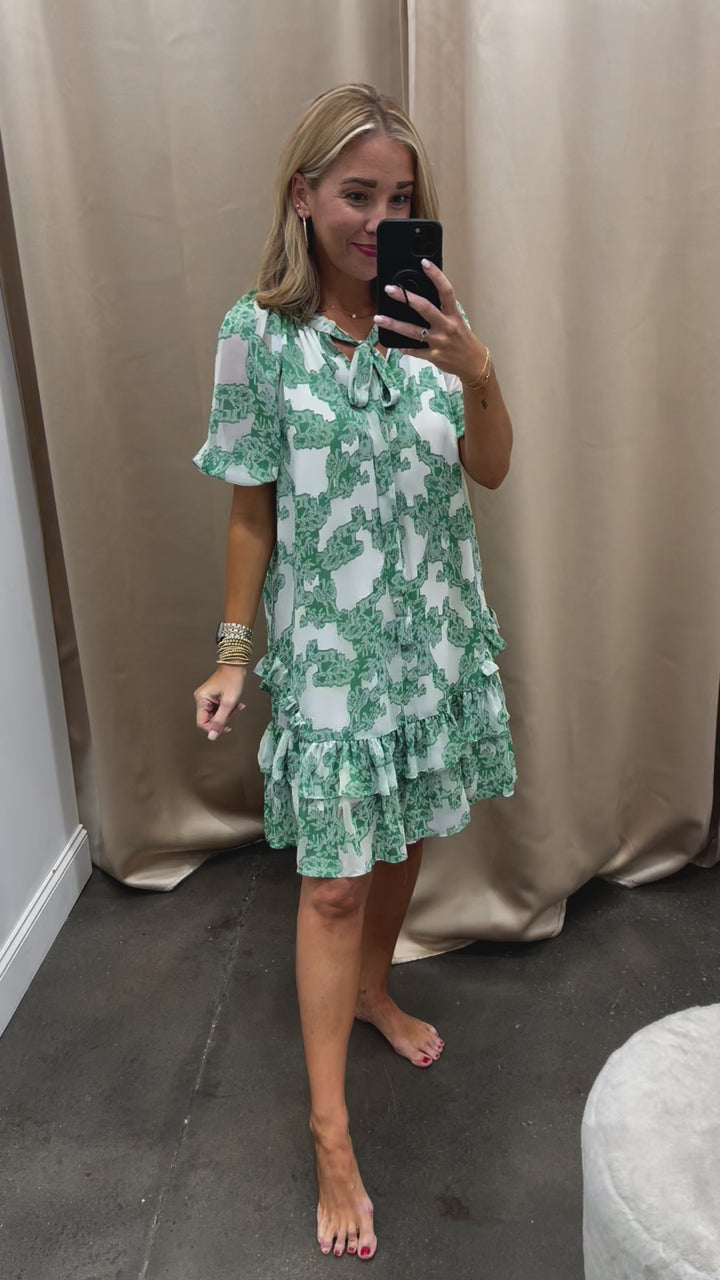 Printed Tie Neck Dress - Green