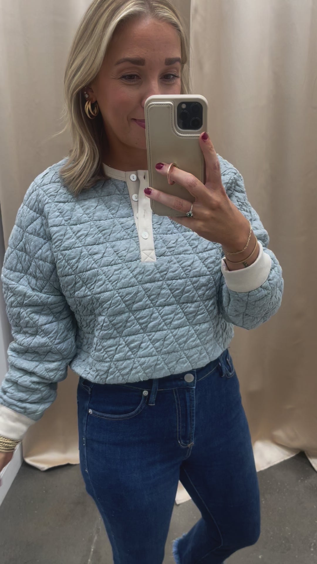 Quilted Button Front Top - Gray