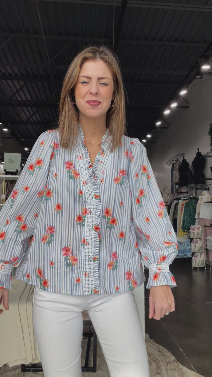 Striped Floral Top - Blue