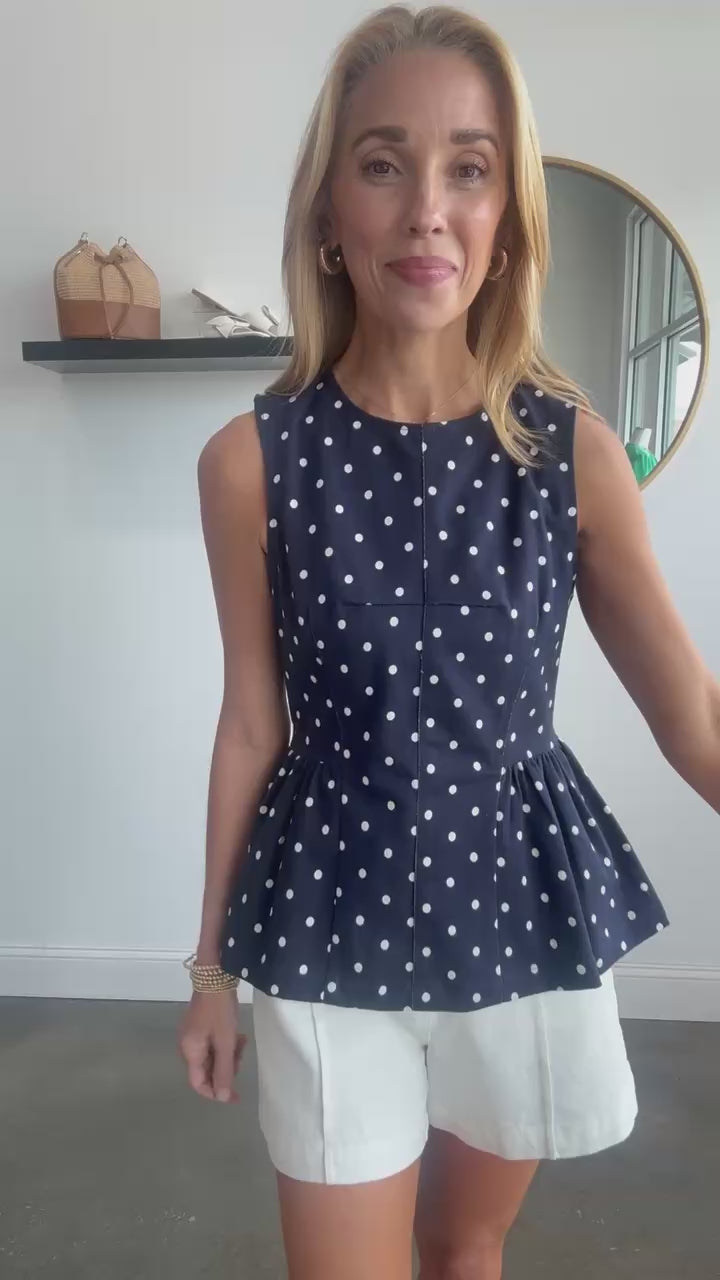 Polka Dot Peplum Top - Navy